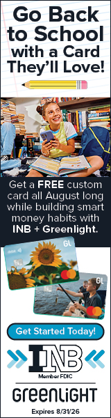 Go Back to School with a card they’ll love! Get a FREE custom card all August long while building smart money habits with INB + Greenlight. Expires 8/31/26. Get Started Today! INB. Member FDIC.