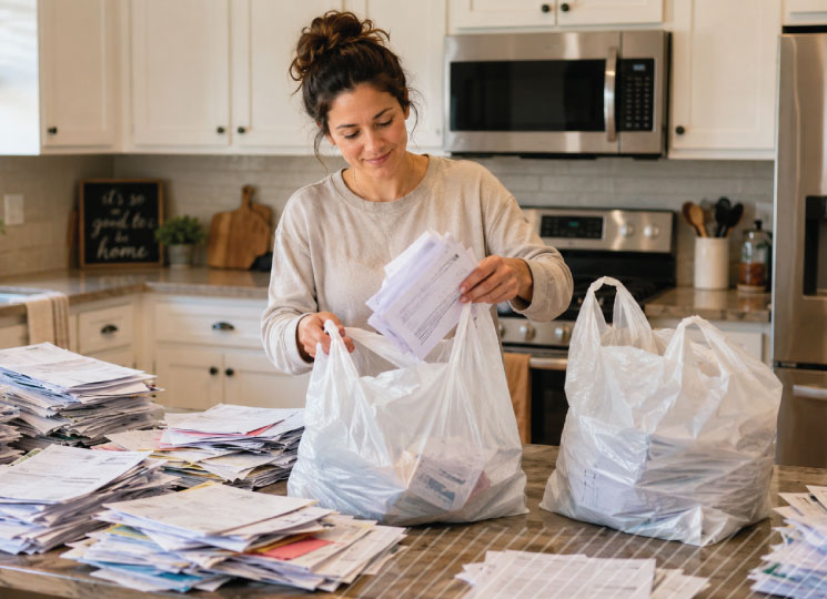 Woman gathers old documents into bags in preparation for a community shred event.