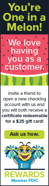 You’re One in a Melon! We love having you as a customer. Invite a friend to open a new checking account with us and you will both receive a certificate redeemable for a $25 gift card. Ask us how. INB Rewards. Member FDIC.
